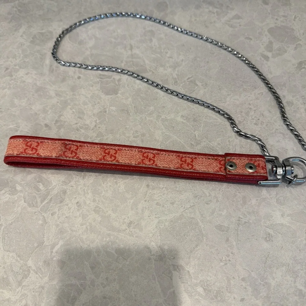 Red Pet Leash With Silver Tone Chain 42 1/2 Inches Long.